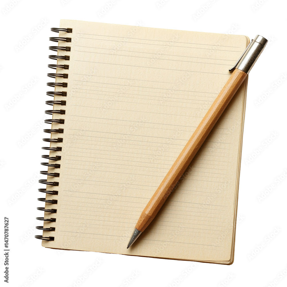 Poster a spiralbound notebook with lined pages and a wooden pencil resting on transparent background, paper