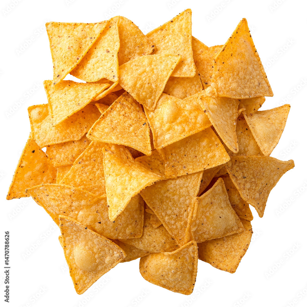 Poster single nacho chip isolated on a transparent background showcasing its crispy texture and golden colo
