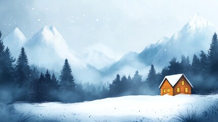 Fototapeta premium Minimalist winter mountain sketch - Cozy holiday hut in serene landscape with clean lines and text space