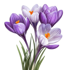 Fototapeta premium Beautiful crocus flowers in shades of purple and transparent isolated on a transparent background showcasing delicate petals and vibrant orange centers, crocus flowers isolated on transparent