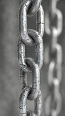 Fototapeta premium Metallic Chain Links Detail, Industrial Gray Toned Texture and Strong Connection Close Up