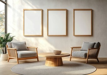 Minimalist modern living room with two wooden armchairs with gray cushions facing a round wooden coffee table on a circular rug beneath three blank wooden frames on textured white wall