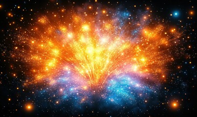 Bright explosion of golden and blue glowing particles resembling a cosmic burst or abstract fireworks display against a dark background