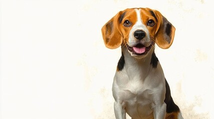 happy and attentive beagle dog with brown, black, and white fur sitting and looking forward against a plain light background
