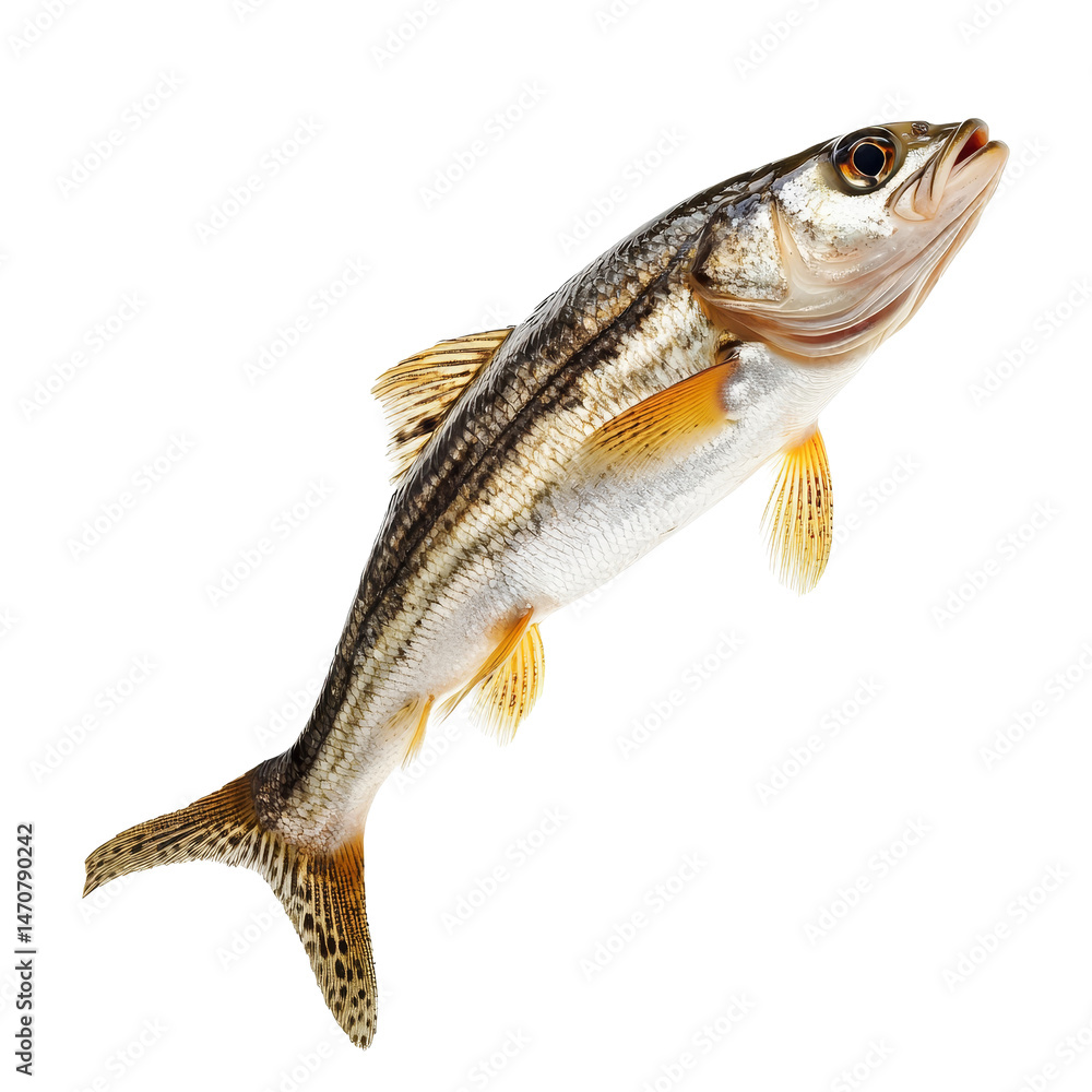 Poster dynamic fish leaps gracefully against a clean transparent background showcasing its vibrant colors a