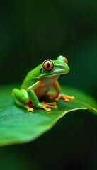 Naklejka premium Generative AI Lime Green Tree Frog Perched on a Lush Leaf Oasis