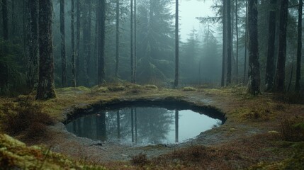 Obraz premium A tranquil forest scene shows a small reflective pond