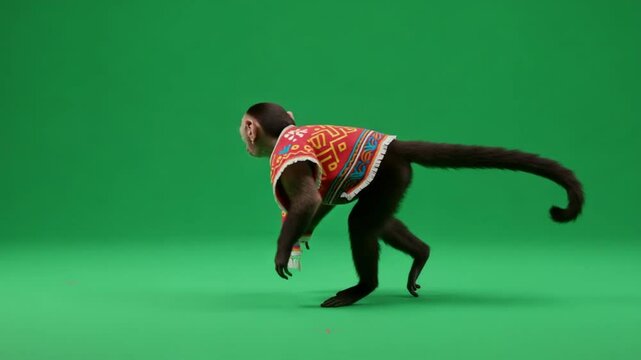 Capuchin monkey strut in colorful costume against green screen backdrop