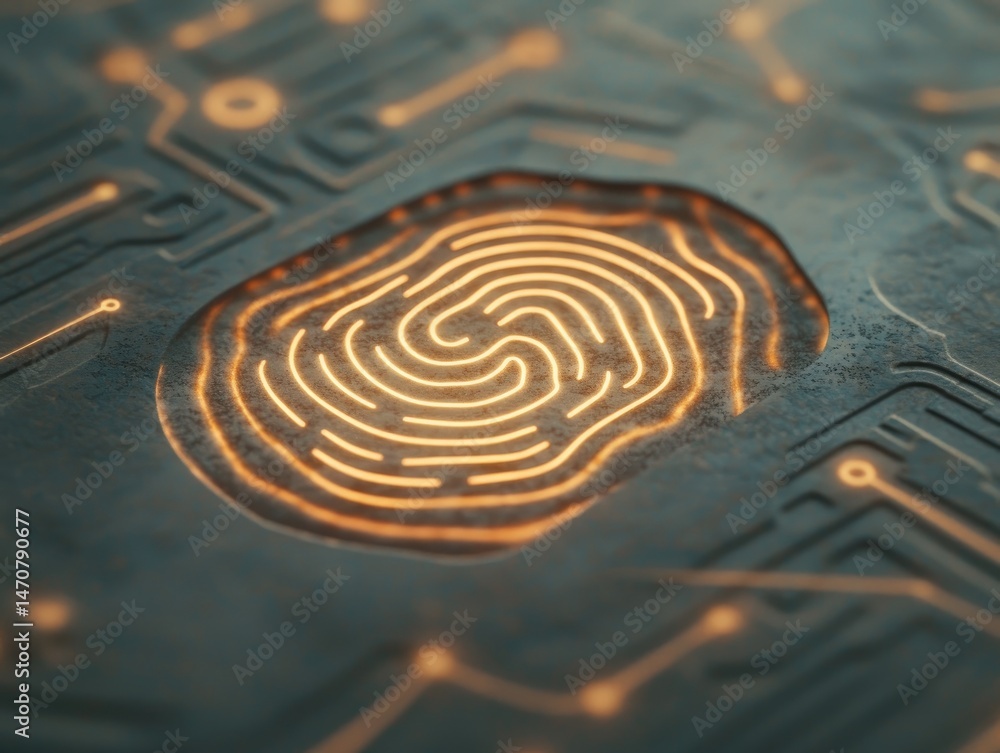 Poster close up of an illuminated fingerprint on a circuit board with interconnected pathways illustrating 