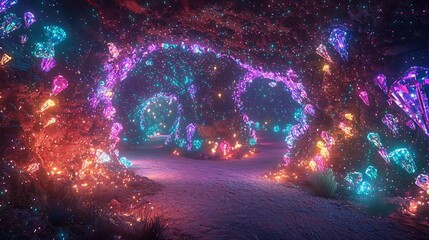 Fototapeta premium Surreal glowing cave luminous crystals embedded in the walls light refracting in every direction cinematic gem filled wonder