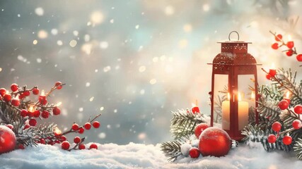 A warm and inviting winter scene with an antique lantern illuminating snow-covered branches and bright red berries. The cozy atmosphere is enhanced by falling snow and a soft, light-filled background. - Powered by Adobe