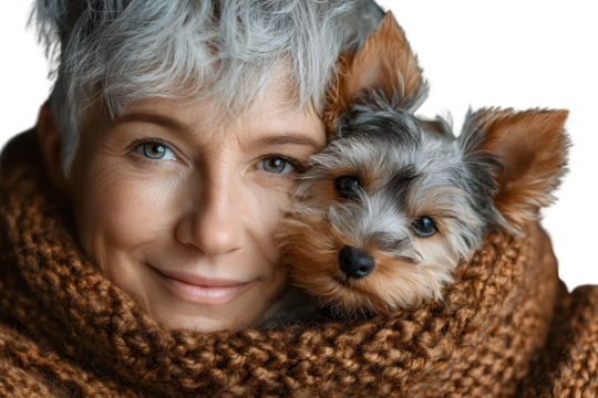 Closeup portrait of a woman and her small dog snuggled together in a warm scarf