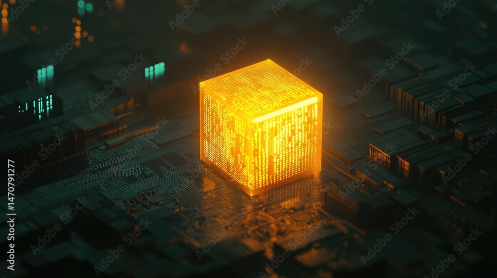 Aufkleber glowing orange digital cube within futuristic circuit board structure