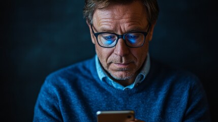 Close-up view of a man intently focusing on a mobile device.