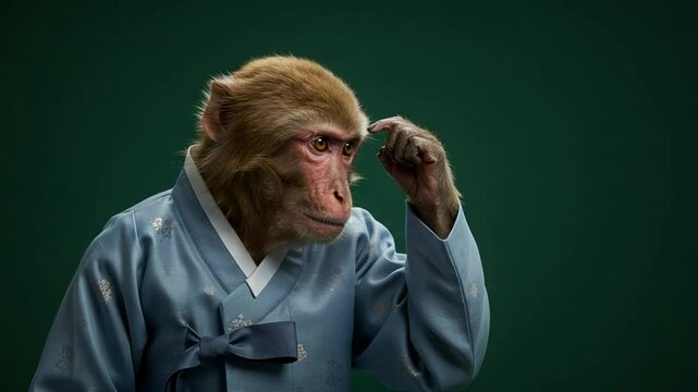 Contemplative monkey in traditional outfit posing on dark green background