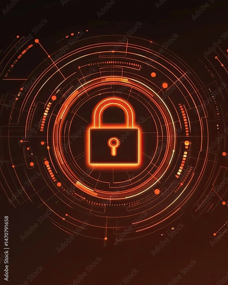 Poster glowing orange padlock graphic within concentric circular digital lines representing data security a