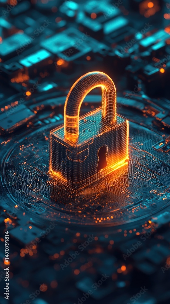 Poster digital rendering of a glowing orange padlock on a circuit board with blue and orange highlights. re