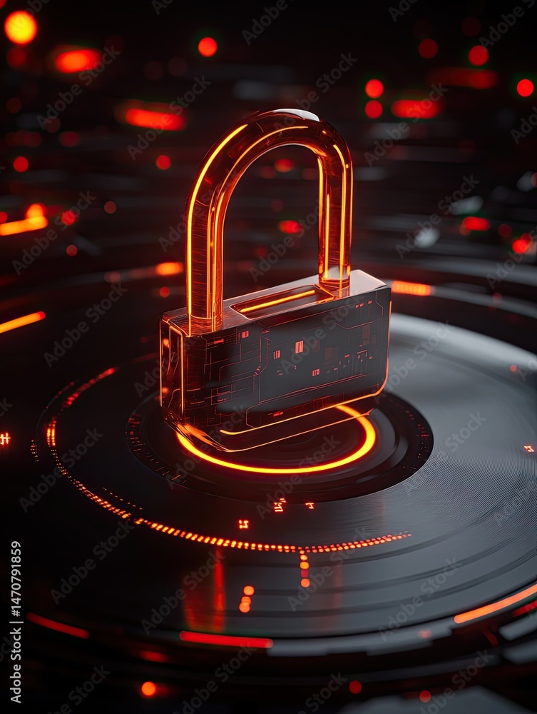 Poster glowing orange padlock set on a dark background with digital circuit patterns. the image emphasizes 
