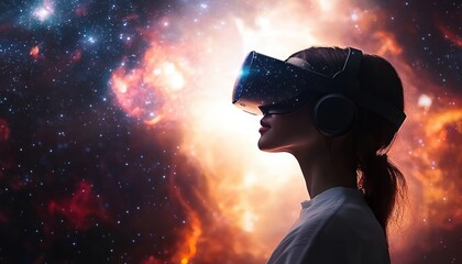 Profile of a young woman wearing virtual reality headset and headphones immersed in a cosmic, star-filled space environment with glowing nebula