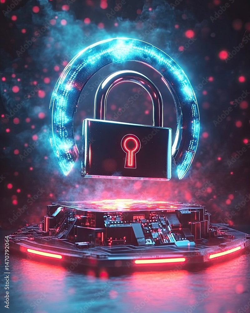 Poster digital representation of a glowing padlock with red accents over a circuit board platform with boke