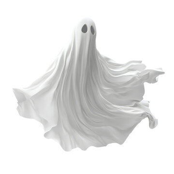 A whimsical flying ghost in a transparent sheet floating gracefully in the Halloween atmosphere at dusk, flying halloween ghost in a transparent sheet, file of isolated object on transparent