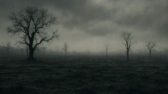 Dark Foggy Landscape with Bare Trees and Rainy Atmosphere
