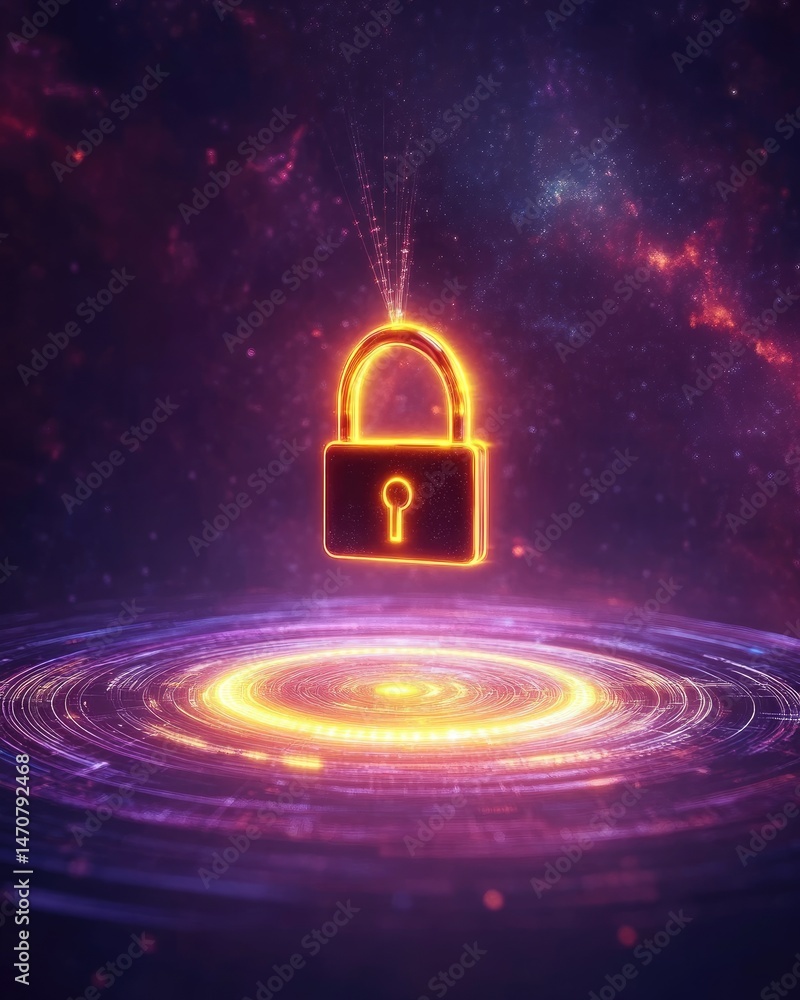 Aufkleber glowing padlock symbol floating above a digital galaxy-like circular platform with a vibrant purple 
