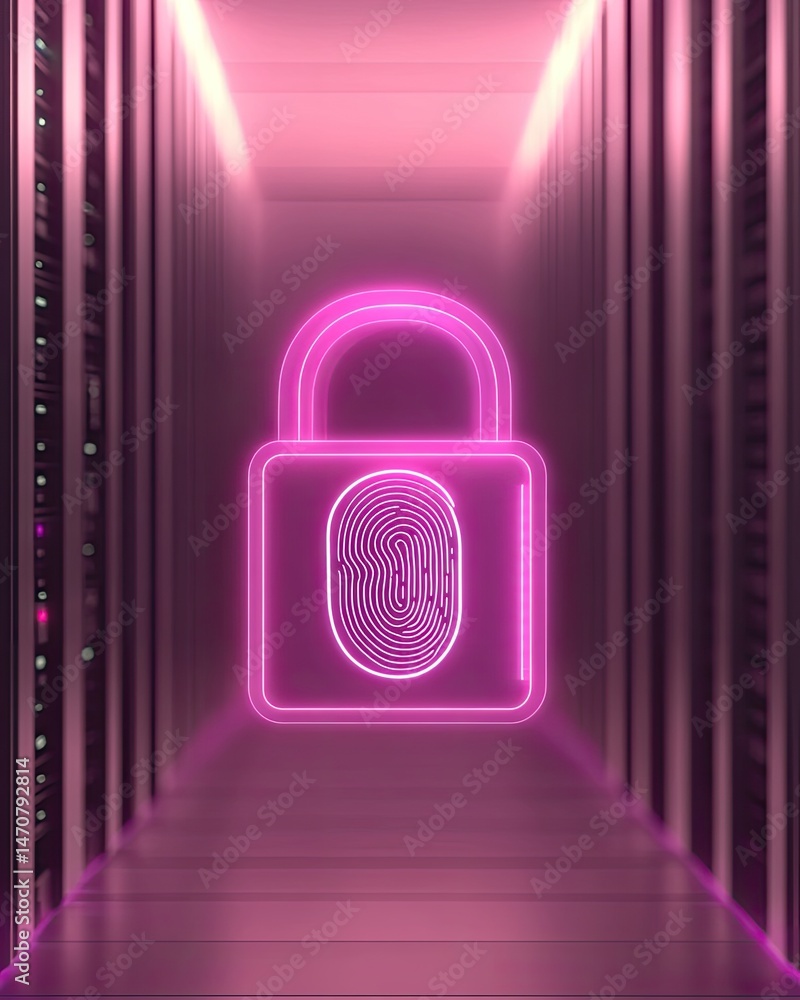 Poster pink neon padlock with fingerprint sensor illuminates a server room data center symbolizing security