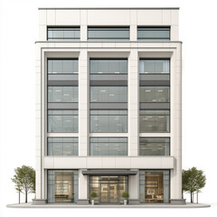 Photorealistic front-facing orthographic view of a 5-storey modern commercial building