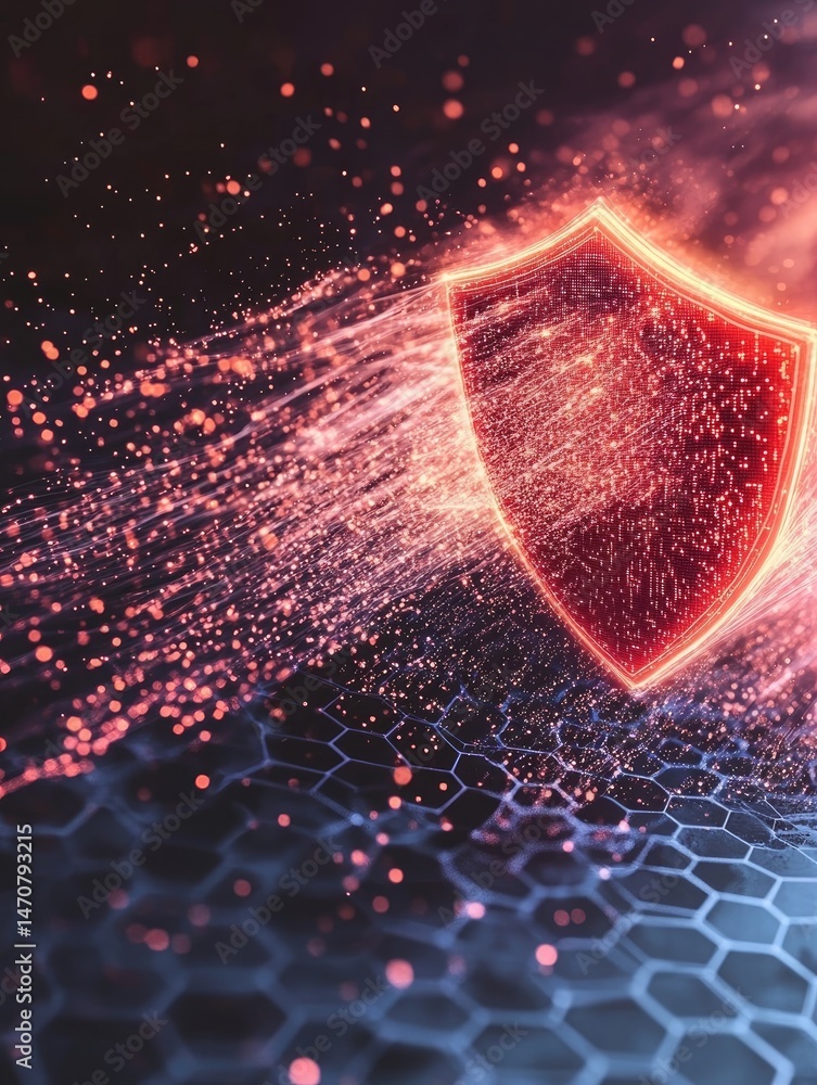 Poster glowing red shield with digital particles against a dark background representing cybersecurity and d