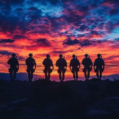 Silhouette of soldiers at sunrise on a mountaintop.