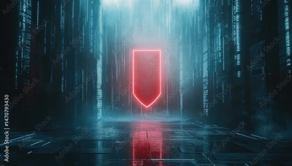 Poster a vibrant red glowing emblem is set against a dark blue backdrop with falling bright particles refle