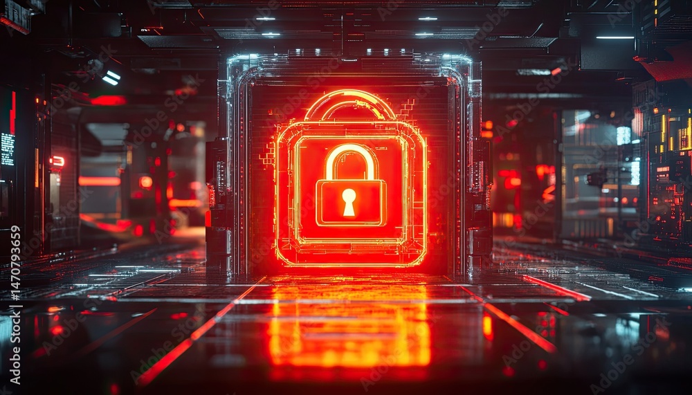 Poster glowingly illuminated red padlock in the center of a futuristic digital structure. dark setting with