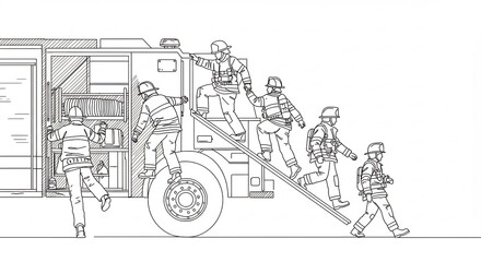 Obraz premium Firefighters Climbing Truck Outline Illustration