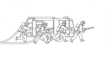 Obraz premium Firefighters Running Toward Emergency with Vehicle Outline Illustration