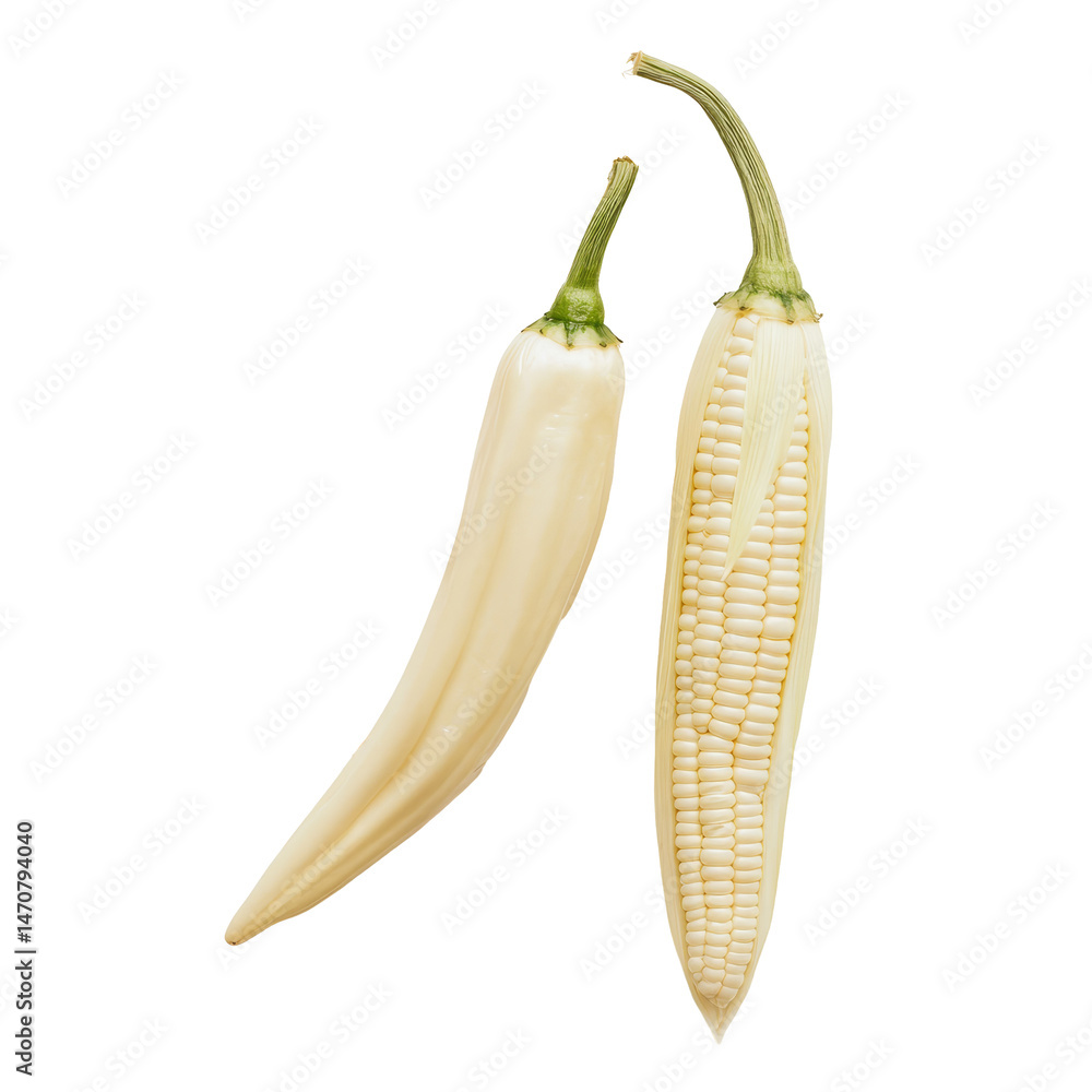 Poster exploring the unique texture and colors of transparent peppers and corn on a transparent background,