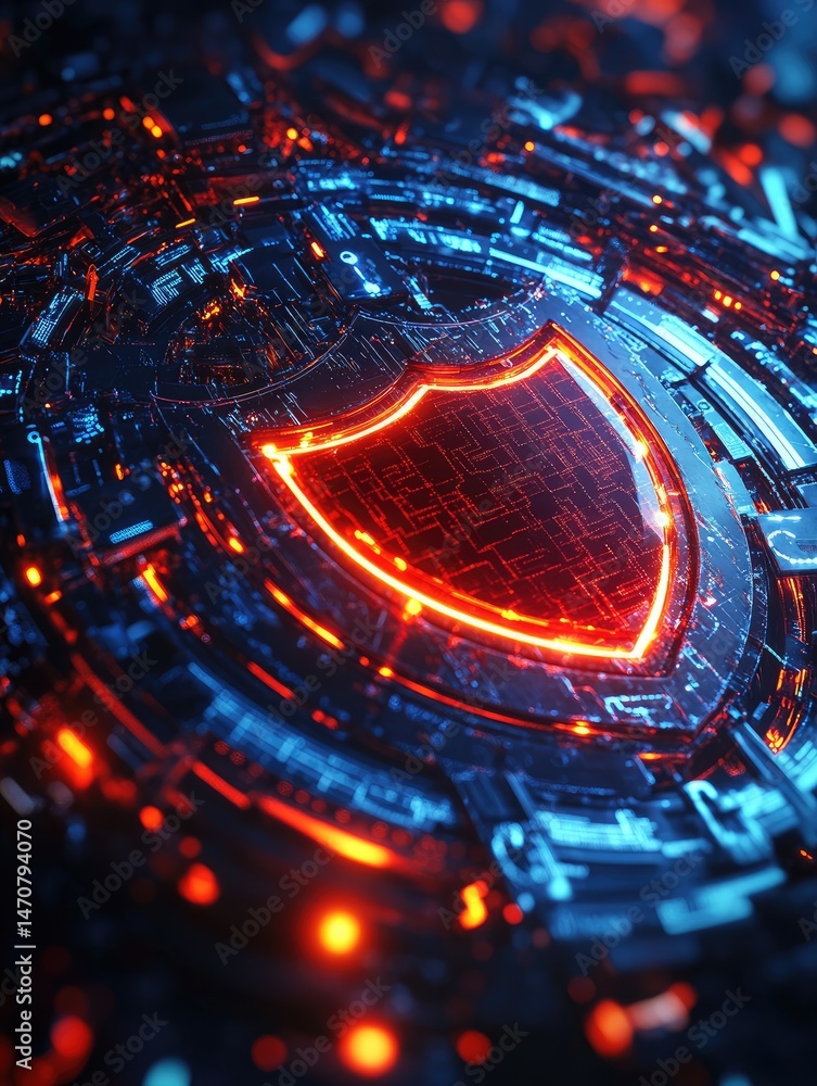 Poster abstract composition featuring a glowing red shield at the center symbolizing security surrounded by