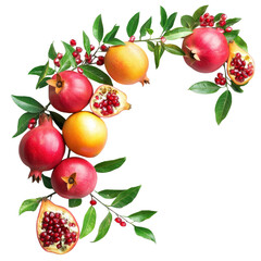 Obraz premium Colorful fruits including mangos, apples, and pomegranates arranged beautifully with green leaves, Branch of delicious mangos, apples, pomegranates on whtie background cutouts