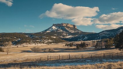 A picturesque landscape featuring a mountain with trees and clouds