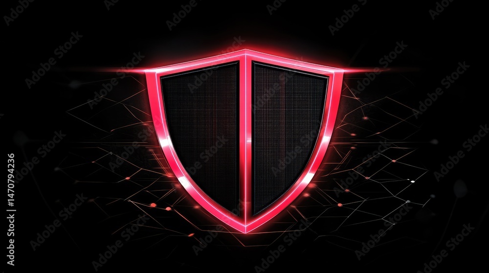 Poster glowing red shield emblem against a dark backdrop with digital particle effects creating a futuristi