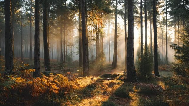 Golden sunlight streams through a misty autumn forest, illuminating orange and brown undergrowth. Tall pine trees stand tall, casting long shadows. A tranquil and serene atmosphere.