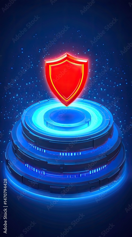Poster glowing red shield icon hovering above blue digital platform with starry background representing sec