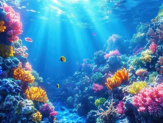Naklejka premium Vibrant underwater coral reef teeming with colorful corals and small tropical fish illuminated by sun rays piercing the clear blue ocean water