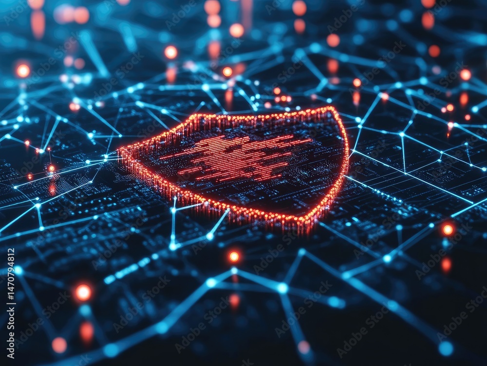 Poster abstract digital representation of a glowing shield in vibrant red atop a network of interconnected 