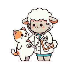 Cartoon Sheep Doctor Examining Cat with Stethoscope on White Background Illustration