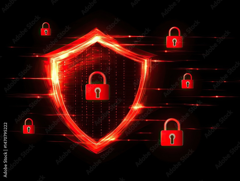 Aufkleber glowing red shield with padlocks against a black background symbolizing protection and security in d