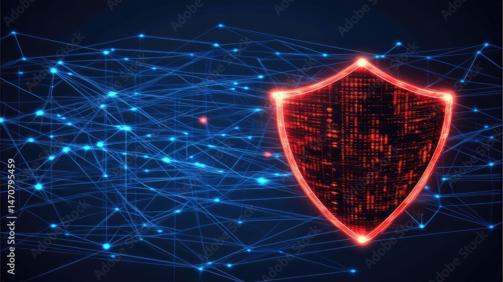 Poster abstract digital illustration of a glowing red shield symbolizing security and protection against a 