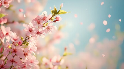 Delicate Pink Cherry Blossoms on Branches with Light Blue Background and Falling Petals in Floral Atmosphere