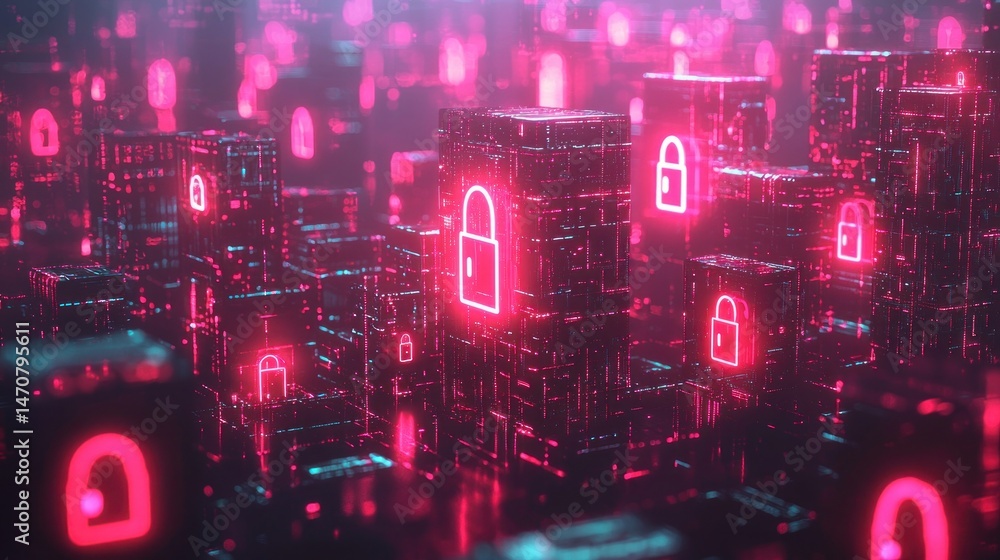 Poster digital network security concept with glowing locks and data blocks
