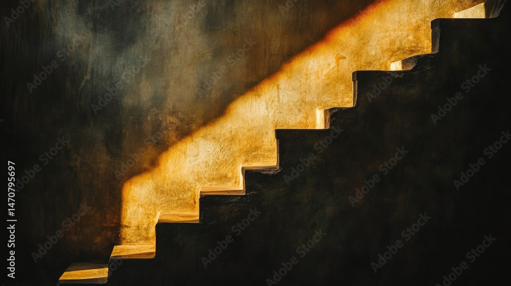 Poster emergency torch lighting up a dark stairwell, creating a contrast between light and shadows
